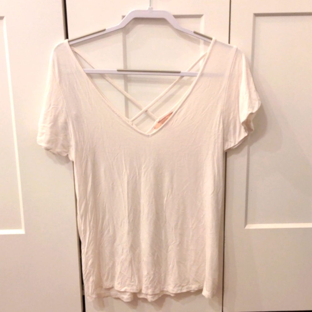 Criss cross flutter white deep v-neck top cream